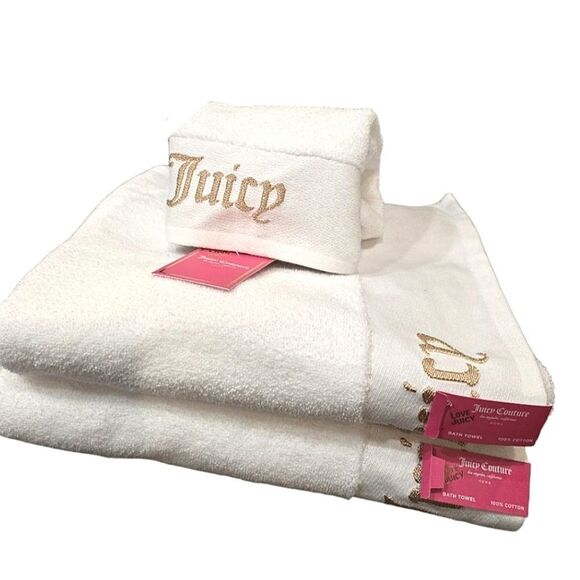 Juicy Couture Home Gold Juicy Embossed Bath & Hand Towel Set- White/Gold - Picture 3 of 8